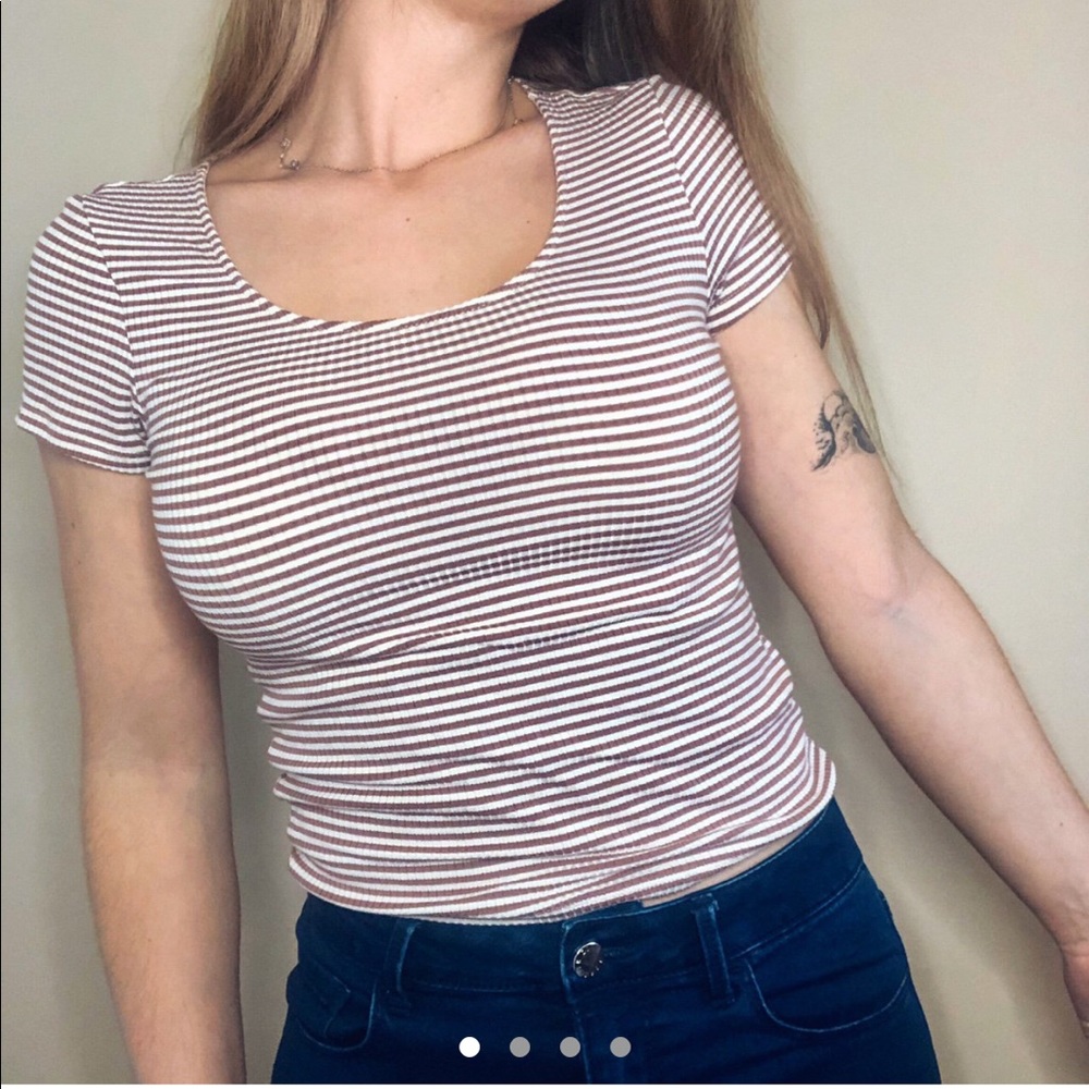 White and Brown Scoop Neck T-shirt American Eagle